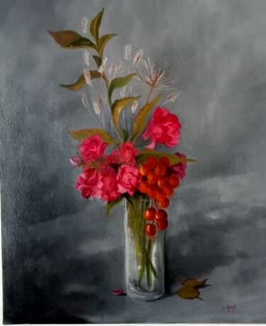 Painting titled "Nature morte roses…" by Catherine Maze, Original Artwork, Oil