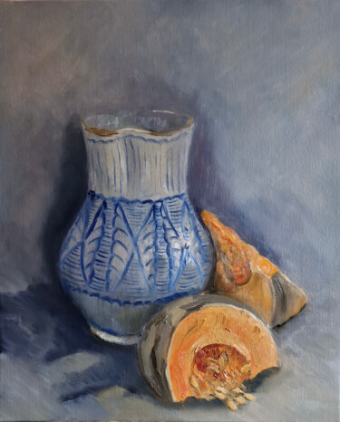 Painting titled "nature morte au pot…" by Catherine Maze, Original Artwork, Oil Mounted on Wood Stretcher frame