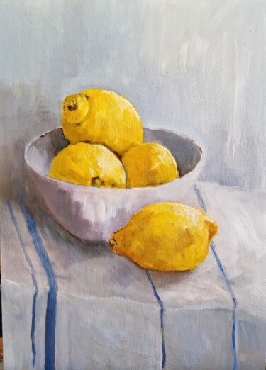 Painting titled "Les citrons" by Catherine Maze, Original Artwork, Oil Mounted on Wood Panel