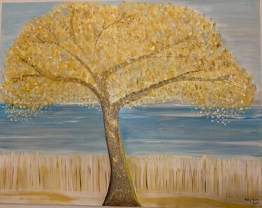 Schilderij getiteld "L'arbre d'or" door Cathy Monka, Origineel Kunstwerk, Acryl Gemonteerd op Frame voor houten brancard