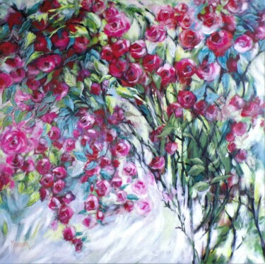 Painting titled "Roses 2020" by Cathy Monnier, Original Artwork, Acrylic Mounted on Wood Stretcher frame