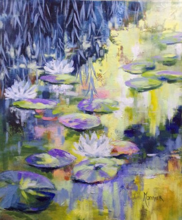 Painting titled "nymphéas aux reflet…" by Cathy Monnier, Original Artwork, Acrylic