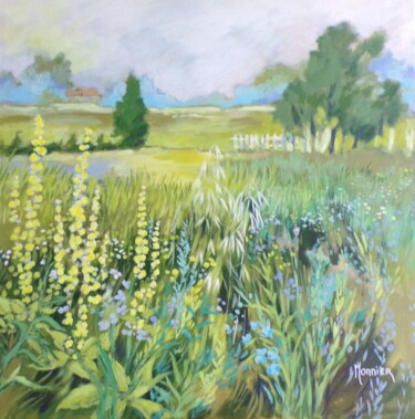 Painting titled "Fields" by Cathy Monnier, Original Artwork, Acrylic Mounted on Wood Stretcher frame