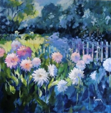 Painting titled "Dahlias au jardin I…" by Cathy Monnier, Original Artwork, Acrylic