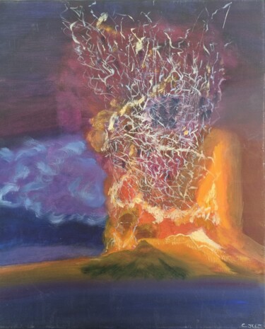 Painting titled "Volcan et foudre" by Cathy Occo, Original Artwork, Oil