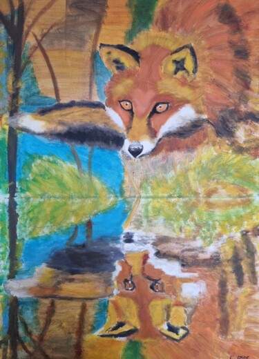 Painting titled "Renard au reflet" by Cathy Occo, Original Artwork, Oil