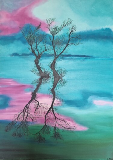 Painting titled "Arbres en duo" by Cathy Occo, Original Artwork, Oil