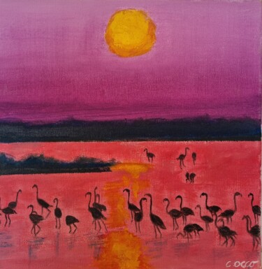 Painting titled "Flamants au couchant" by Cathy Occo, Original Artwork, Oil