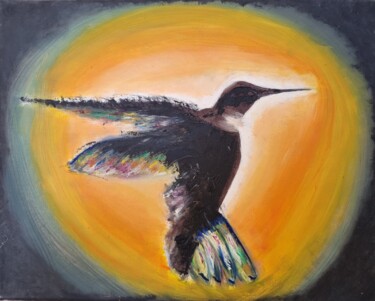 Картина под названием "Colibri dans la lum…" - Cathy Occo, Подлинное произведение искусства, Масло