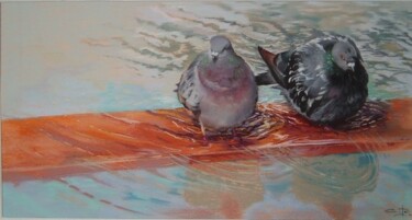 Painting titled "pigeons d'Antibes" by Cathy Perdriaud, Original Artwork