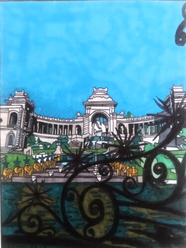 Dessin intitulée "Le Palais Longchamp" par Cathy Scosceria, Œuvre d'art originale, Marqueur