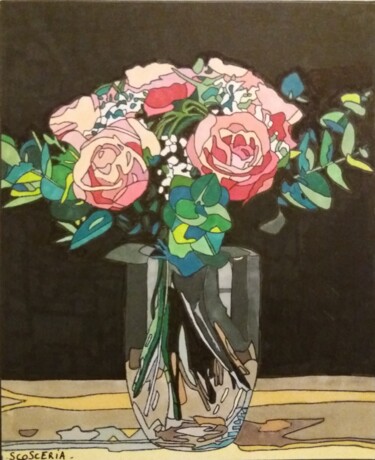 Dessin intitulée "Bouquet de roses" par Cathy Scosceria, Œuvre d'art originale, Marqueur