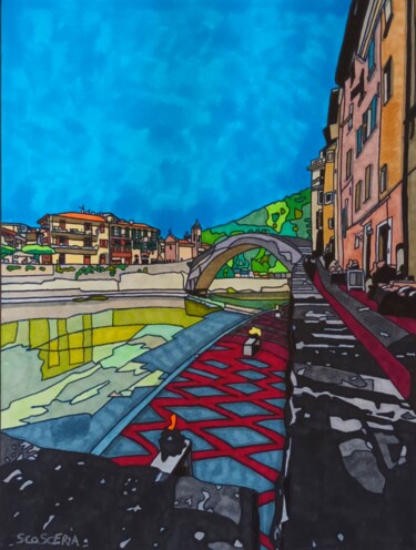 Drawing titled "Le pont d'Acquadolce" by Cathy Scosceria, Original Artwork, Marker