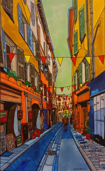 Drawing titled "Cotignac" by Cathy Scosceria, Original Artwork, Marker