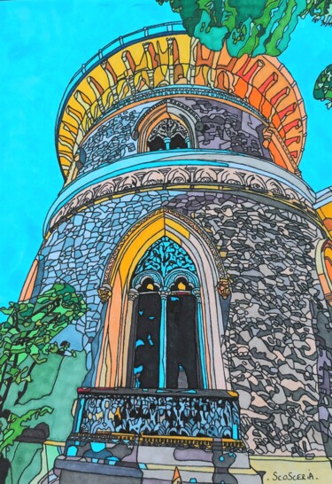 Dibujo titulada "Palais de Monserrate" por Cathy Scosceria, Obra de arte original, Rotulador