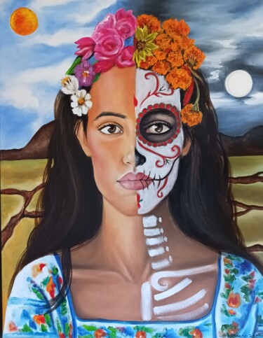 Painting titled "Catrina Moderna" by Cathy Serrano, Original Artwork, Oil Mounted on Wood Panel