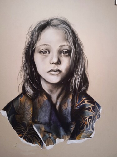 Drawing titled "Jeune fille triste" by Cathy, Original Artwork, Pastel
