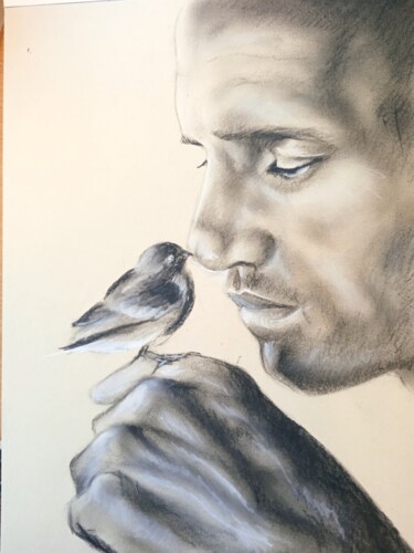 Dessin intitulée "L'homme et l'oiseau" par Cathy, Œuvre d'art originale, Pastel