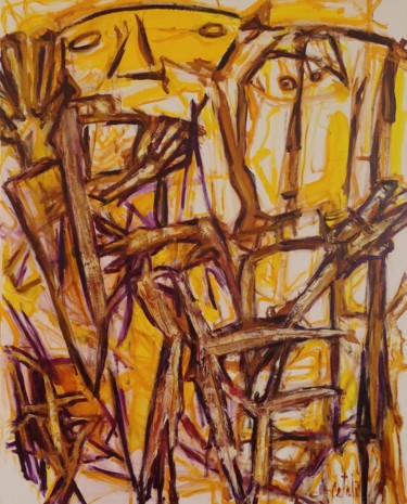 Malerei mit dem Titel "Jaunes Amis" von Catali, Original-Kunstwerk, Acryl Auf Keilrahmen aus Holz montiert