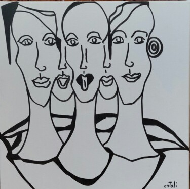 Painting titled "5 ou 3 ?" by Catali, Original Artwork, Ink Mounted on Wood Stretcher frame