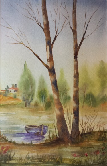 Painting titled "Rive del lago.jpg" by Catia Biso, Original Artwork, Watercolor