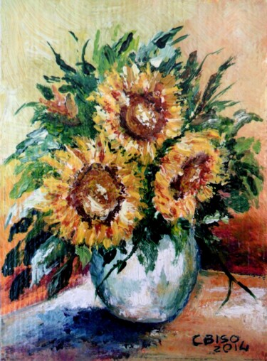 Pittura intitolato "vaso con girasoli.j…" da Catia Biso, Opera d'arte originale, Olio