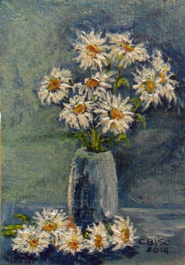 Pintura intitulada "vaso con margherite…" por Catia Biso, Obras de arte originais, Óleo