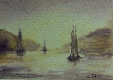 Pittura intitolato "Marina al tramonto" da Catia Biso, Opera d'arte originale