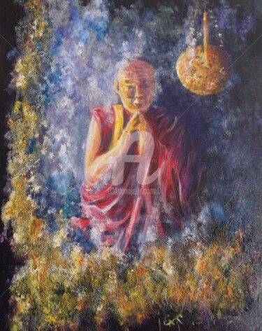 Painting titled "Dalai Lama" by Catherine Cabé (CAT.), Original Artwork, Oil