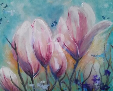 Peinture intitulée "magnolia fond turqu…" par Catherine Cabé (CAT.), Œuvre d'art originale, Huile