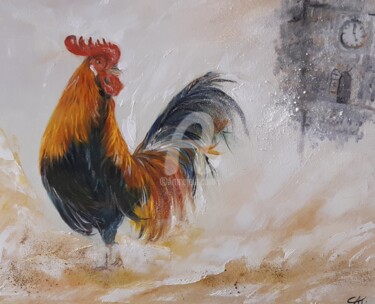 Peinture intitulée "A l'aube le coq" par Catherine Cabé (CAT.), Œuvre d'art originale, Huile