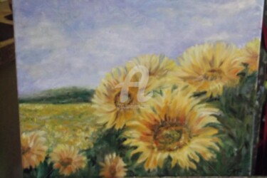 Painting titled "CHAMPS DE TOURNESOLS" by Catherine Cabé (CAT.), Original Artwork, Oil