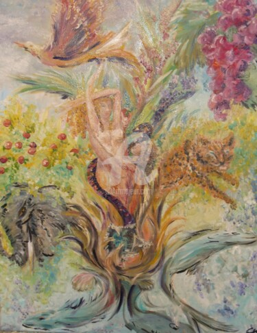 Painting titled "LA CREATION" by Catherine Cabé (CAT.), Original Artwork, Oil