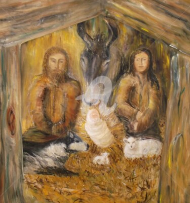 Painting titled "LA CRECHE DE NOEL t…" by Catherine Cabé (CAT.), Original Artwork, Oil