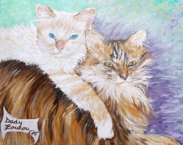 Painting titled "PORTRAITS DE CHATS…" by Catherine Cabé (CAT.), Original Artwork, Oil