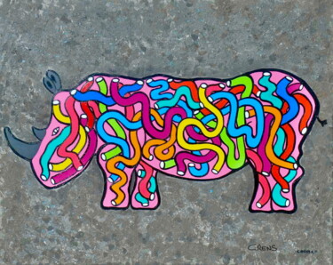绘画 标题为“Rhinocéros” 由Catherine Rens, 原创艺术品, 丙烯 安装在木质担架架上