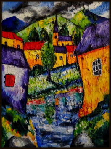 Painting titled "un village imaginai…" by Ludovic Catry, Original Artwork, Oil