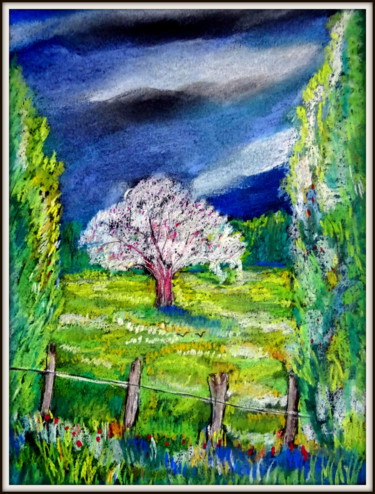 Dessin intitulée "un arbre bien seul" par Ludovic Catry, Œuvre d'art originale, Pastel