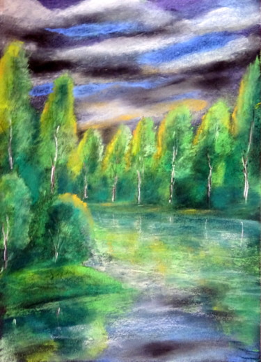 Dessin intitulée "bordure de rivière" par Ludovic Catry, Œuvre d'art originale, Pastel