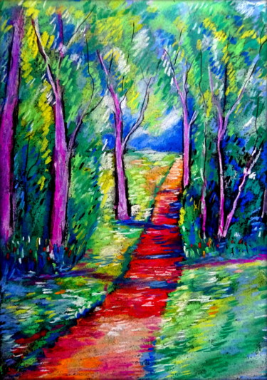 Dessin intitulée "le chemin qui serpe…" par Ludovic Catry, Œuvre d'art originale, Pastel