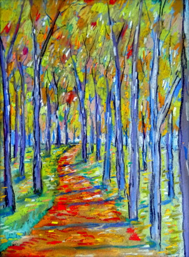 Dessin intitulée "la forêt bleu" par Ludovic Catry, Œuvre d'art originale, Pastel