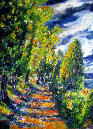 Peinture intitulée "chemin au bord de m…" par Ludovic Catry, Œuvre d'art originale, Huile