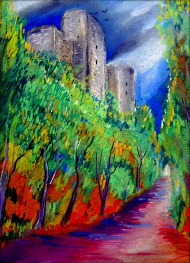 Drawing titled "le château perdu" by Ludovic Catry, Original Artwork, Pastel