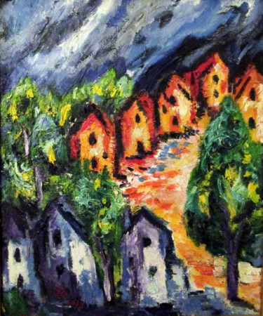 Картина под названием "un petit village im…" - Ludovic Catry, Подлинное произведение искусства, Масло