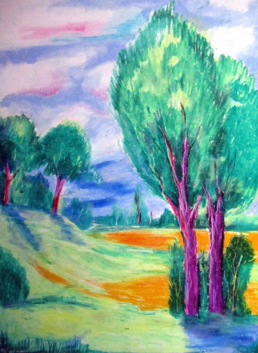Drawing titled "dans le vallon" by Ludovic Catry, Original Artwork, Pastel