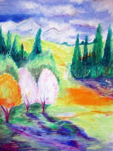 Drawing titled "les monts enneigés" by Ludovic Catry, Original Artwork, Pastel