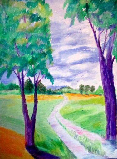 Drawing titled "chemin blanc" by Ludovic Catry, Original Artwork, Pastel