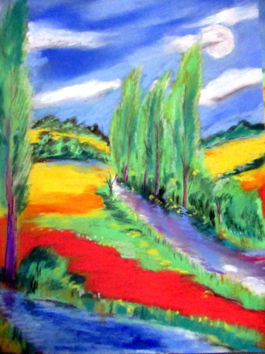 Drawing titled "blés et coquelicots" by Ludovic Catry, Original Artwork, Pastel
