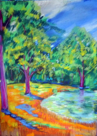 Drawing titled "trois arbres au bor…" by Ludovic Catry, Original Artwork, Pastel