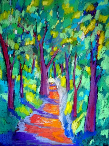 Drawing titled "chemin sous les bois" by Ludovic Catry, Original Artwork, Pastel
